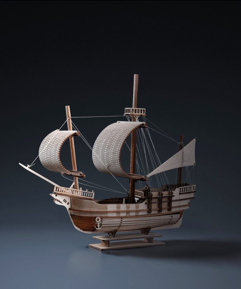 Laser cut wooden sailing ship model, a sample project Bambu Lab shows for the R1