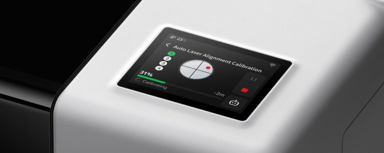Bambu Lab R1 touchscreen showing laser alignment calibration