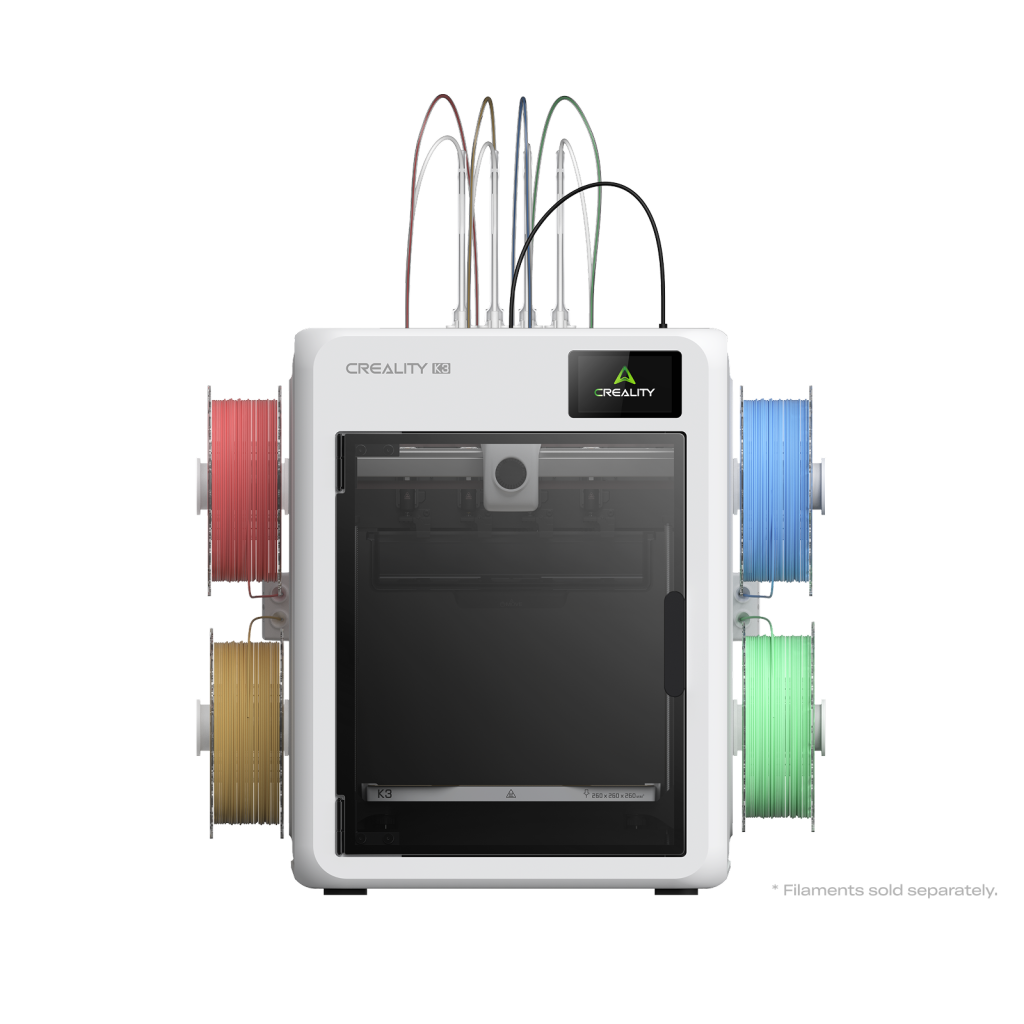 Creality K3 3D printer with four filament spools mounted on its sides feeding into four nozzles